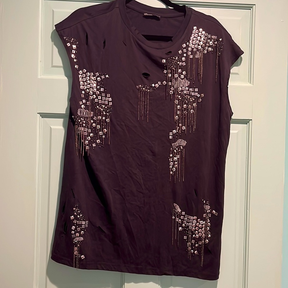 Zara embellished distressed oversized muscle tee